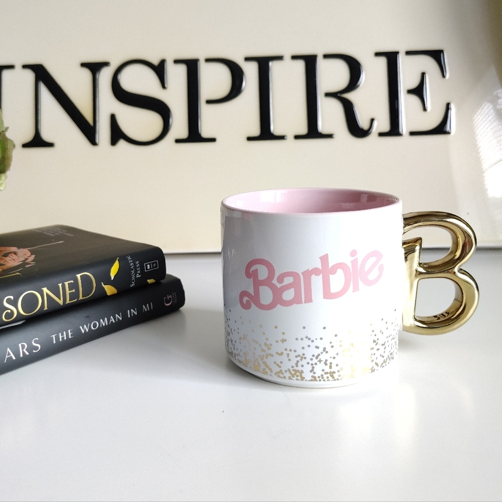 Barbie Ceramic Mug | White with Pink “Barbie” Text & Gold Handle | 17 oz - Picture 2 of 7